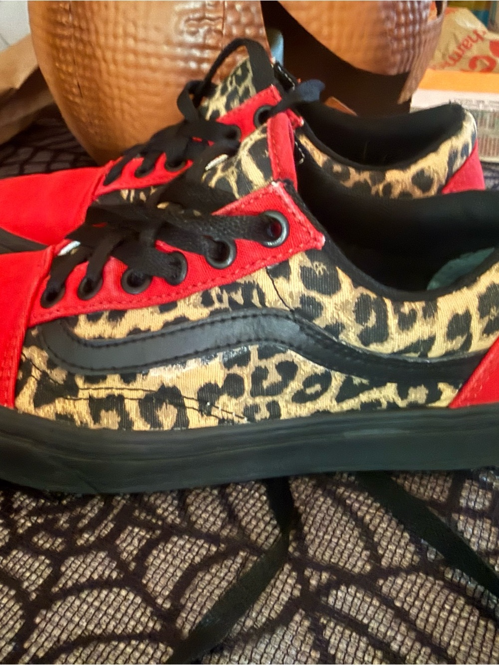 Vans Custom Leopard Print Sneakers with Red and Black Accents